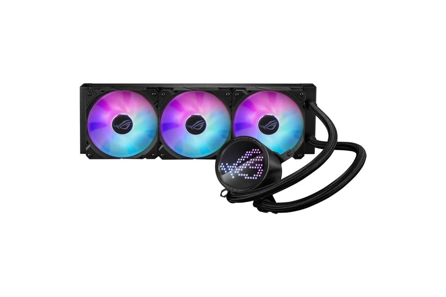 ASUS ROG RYUO IV SLC 360 ARGB All-in-one CPU Liquid Cooler with Shortened tubing maximizes a Clean Aesthetic, Curved 6.67-inch AMOLED Display Supports 3D-Effect Video or Customized System Information