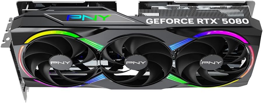 PNY NVIDIA GeForce RTX™ 5080 Epic-X™ ARGB OC Triple Fan, Graphics Card (16GB GDDR7, 256-bit, Boost Speed: 2775 MHz, PCIe® 5.0, HDMI®/DP 2.1, 2.99-Slot, NVIDIA Blackwell Architecture, DLSS 4)