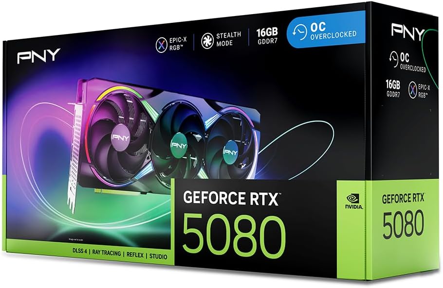 PNY NVIDIA GeForce RTX™ 5080 Epic-X™ ARGB OC Triple Fan, Graphics Card (16GB GDDR7, 256-bit, Boost Speed: 2775 MHz, PCIe® 5.0, HDMI®/DP 2.1, 2.99-Slot, NVIDIA Blackwell Architecture, DLSS 4)