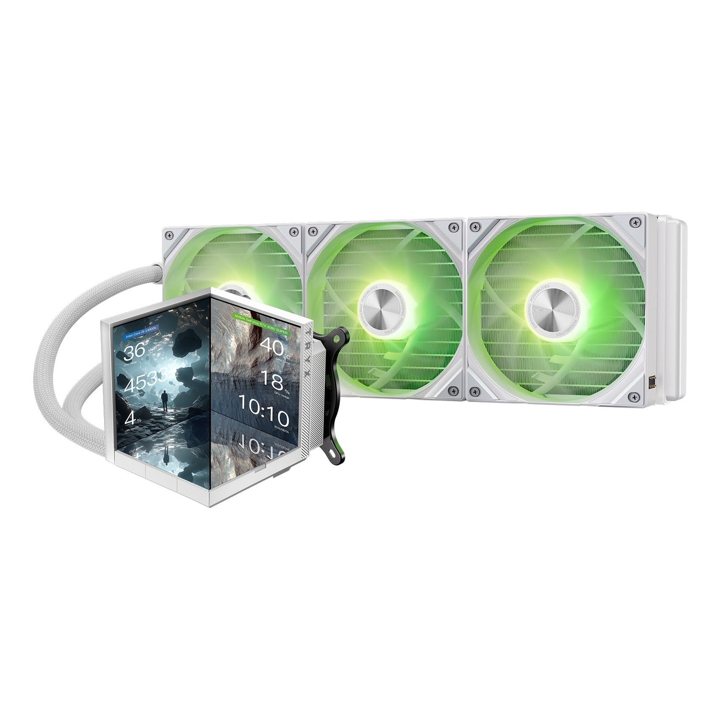 TRYX STAGE 360 ARGB 360mm AIO 4.0'' IPS Dual-Screen Customizable AIO Cooler 360mm LCD Display 254PPI 60Hz with Asetek 7th Gen V2 280w TDP ROTA SL ARGB Fan for Intel LGA 1851/1700/1200/115X AMD AM5/AM4