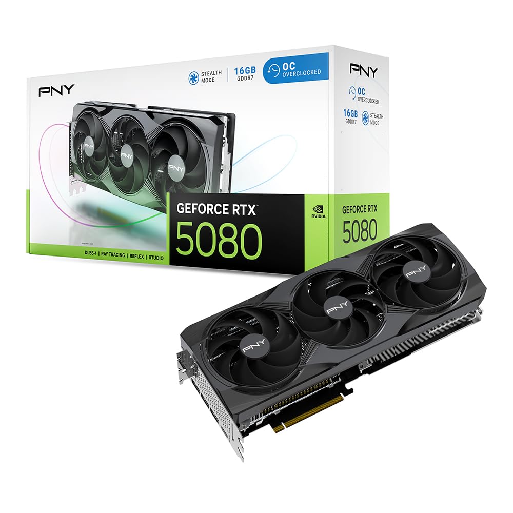 PNY NVIDIA GeForce RTX™ 5080 Epic-X™ ARGB OC Triple Fan, Graphics Card (16GB GDDR7, 256-bit, Boost Speed: 2775 MHz, PCIe® 5.0, HDMI®/DP 2.1, 2.99-Slot, NVIDIA Blackwell Architecture, DLSS 4)