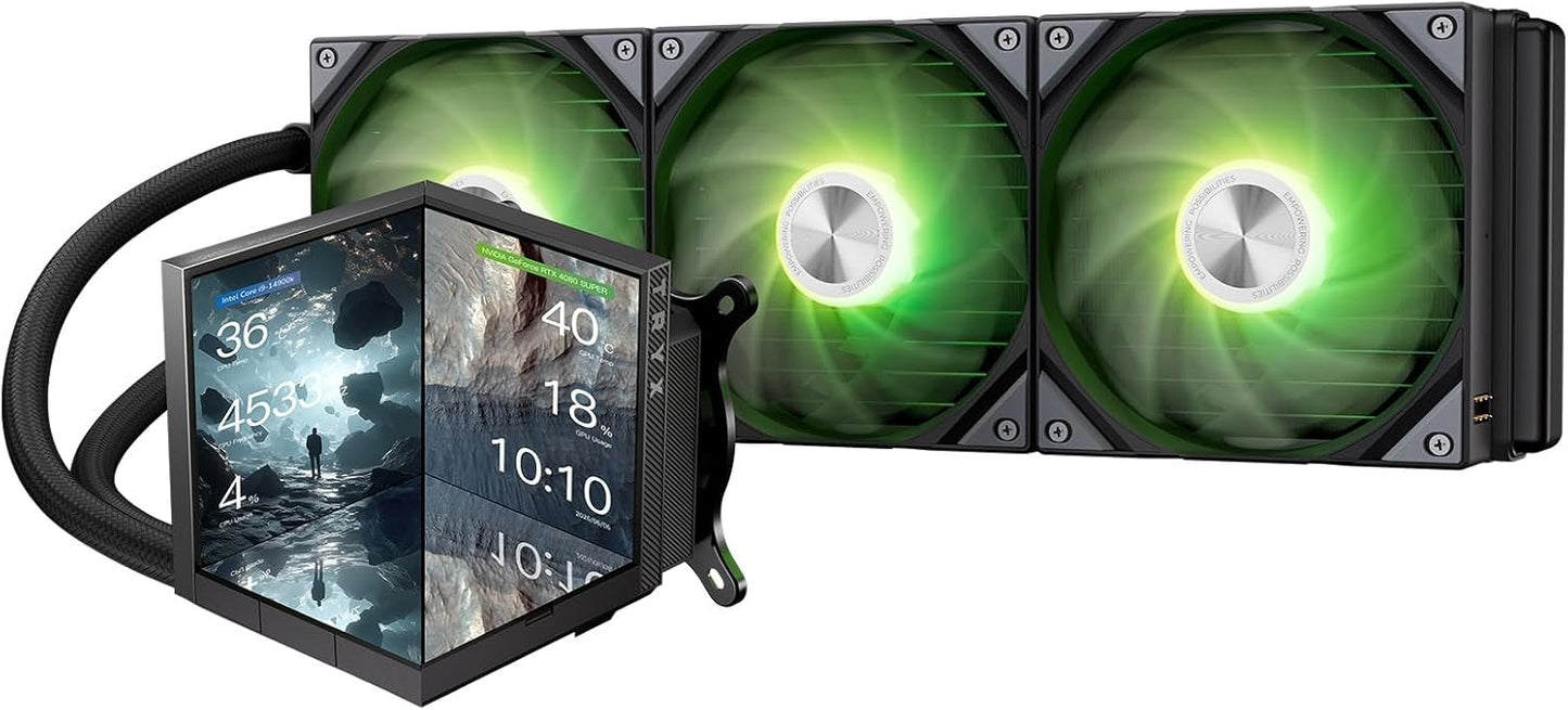 TRYX STAGE 360 ARGB 360mm AIO 4.0'' IPS Dual-Screen Customizable AIO Cooler 360mm LCD Display 254PPI 60Hz with Asetek 7th Gen V2 280w TDP ROTA SL ARGB Fan for Intel LGA 1851/1700/1200/115X AMD AM5/AM4