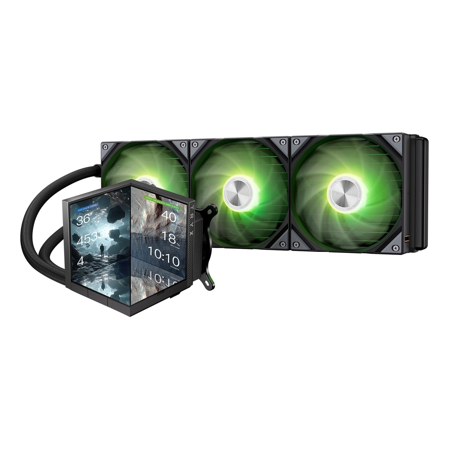 TRYX STAGE 360 ARGB 360mm AIO 4.0'' IPS Dual-Screen Customizable AIO Cooler 360mm LCD Display 254PPI 60Hz with Asetek 7th Gen V2 280w TDP ROTA SL ARGB Fan for Intel LGA 1851/1700/1200/115X AMD AM5/AM4