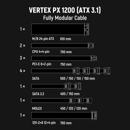 Seasonic Vertex PX-1200-1200W - 80+ Platinum - ATX 3.0 & PCIe 5.0 Ready - Fully Modular - Premium Japanese Capacitors - 12 Year Warranty - Nvidia RTX 40/50 & AMD GPU Compatible