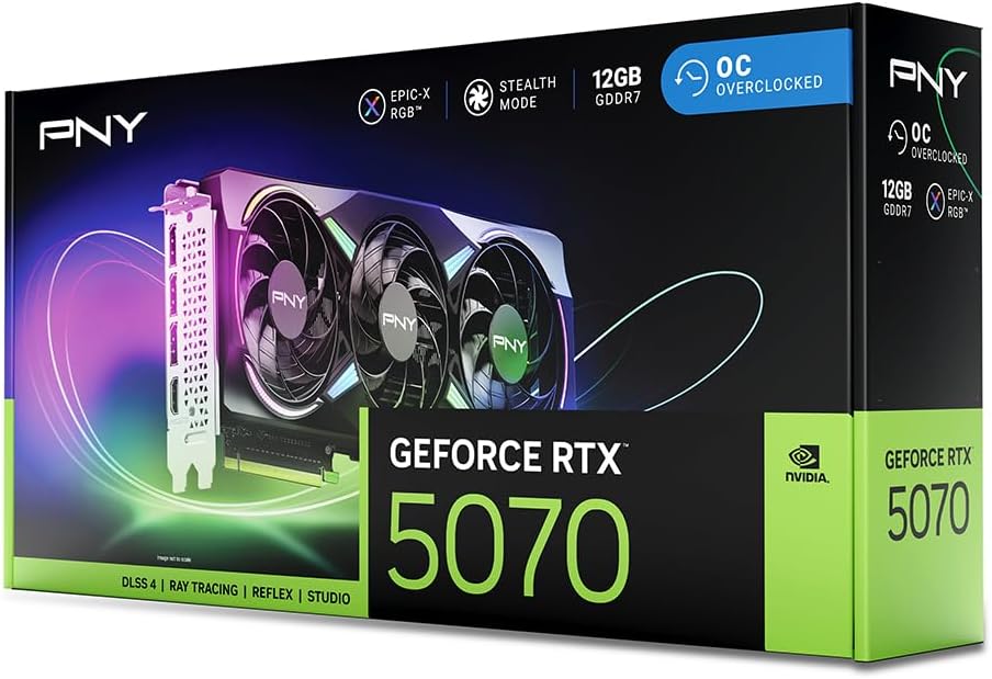 PNY NVIDIA GeForce RTX™ 5070 Epic-X™ ARGB OC Triple Fan, Graphics Card (12GB GDDR7, 192-bit, Boost Speed: 2685 MHz, SFF-Ready, PCIe® 5.0, HDMI®/DP 2.1, 2.4-Slot, Blackwell Architecture, DLSS 4)