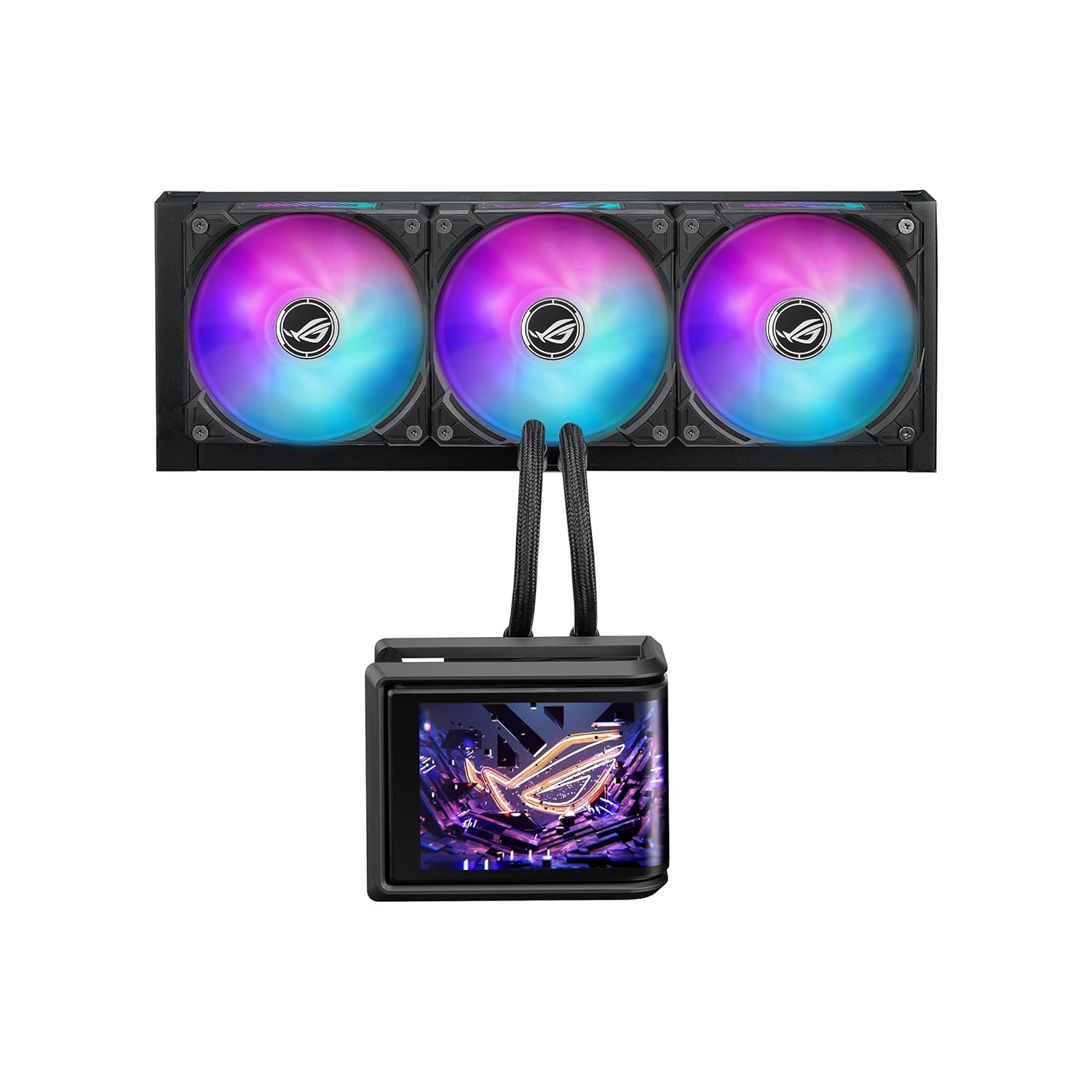 ASUS ROG RYUO IV SLC 360 ARGB All-in-one CPU Liquid Cooler with Shortened tubing maximizes a Clean Aesthetic, Curved 6.67-inch AMOLED Display Supports 3D-Effect Video or Customized System Information