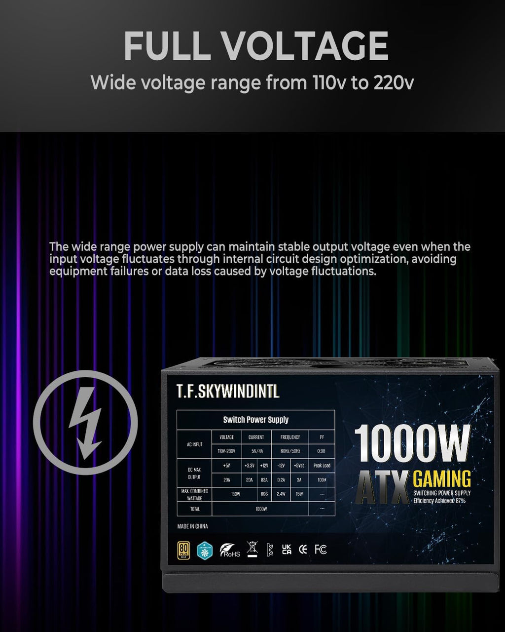 1000W Power Supply Gaming PSU 80 Plus Gold Standard ATX Non Modular Computer Power with 120mm FDB Bearing Fan 24 Pin Cable for Desktop PC