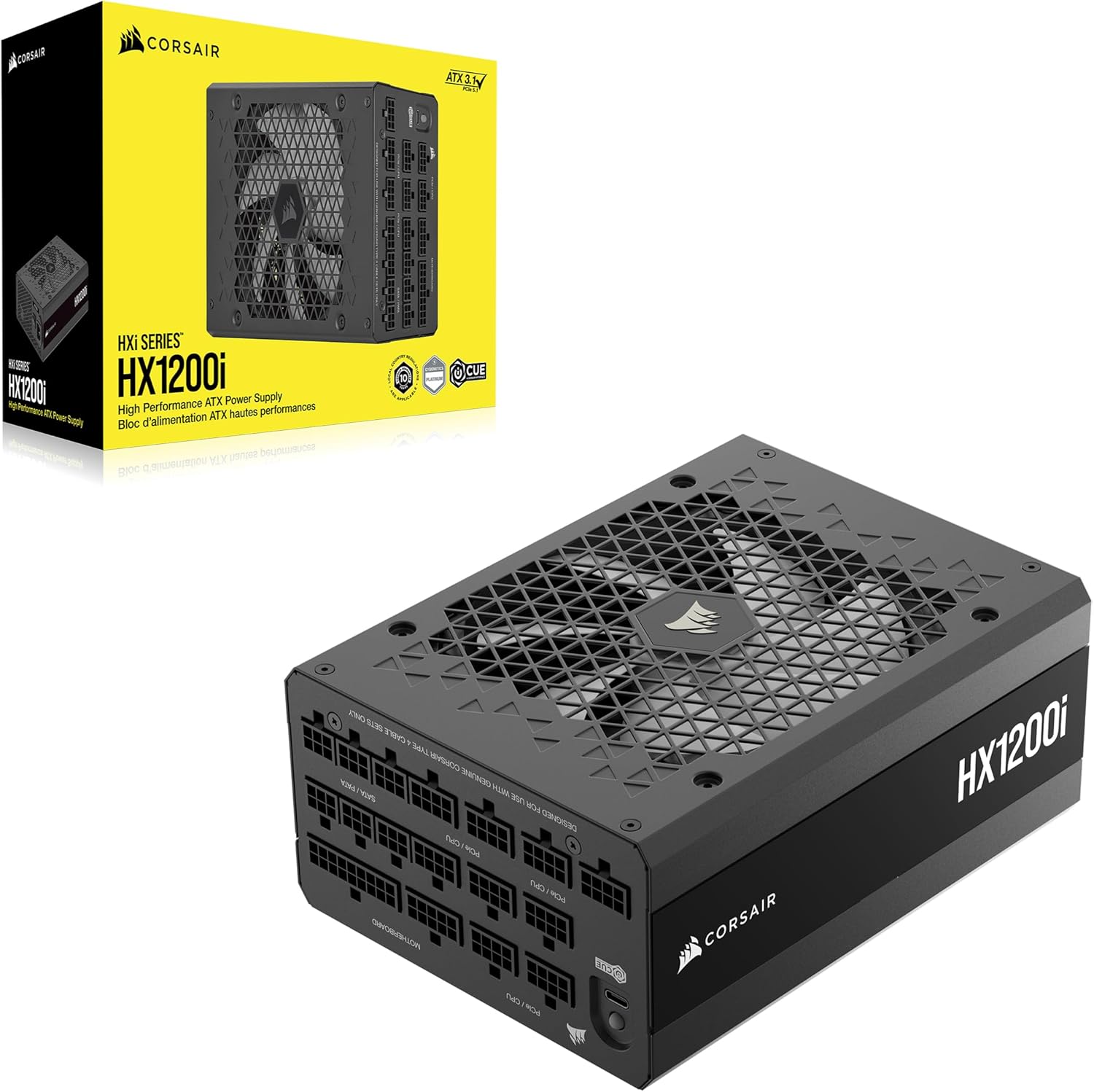 CORSAIR HX1200i (2025) Fully Modular Ultra-Low Noise ATX Power Supply with 12V-2x6 Cable – ATX 3.1 & PCIe 5.1 Compliant, Cybenetics Platinum Efficiency, Fluid Dynamic Bearing Fan – Black