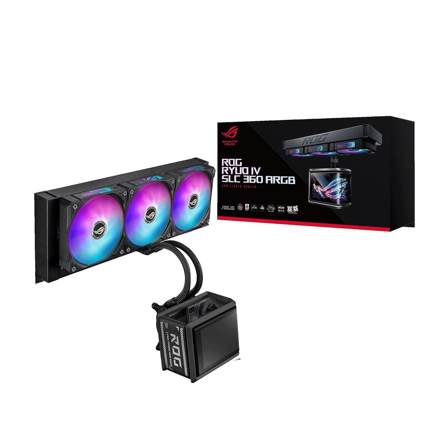 ASUS ROG RYUO IV SLC 360 ARGB All-in-one CPU Liquid Cooler with Shortened tubing maximizes a Clean Aesthetic, Curved 6.67-inch AMOLED Display Supports 3D-Effect Video or Customized System Information