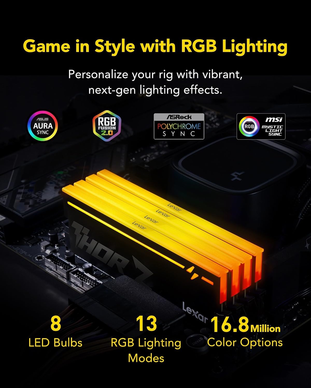 Lexar Thor Z Series RGB DDR5 RAM 32GB Kit (2x16GB) 6000 MHz, DRAM 288-Pin UDIMM Support Intel XMP 3.0 & AMD EXPO, On-die ECC, PMIC, 1.35V, High-Performance PC Computer Memory for Gaming, AI