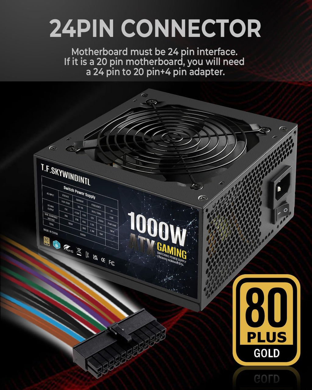 1000W Power Supply Gaming PSU 80 Plus Gold Standard ATX Non Modular Computer Power with 120mm FDB Bearing Fan 24 Pin Cable for Desktop PC