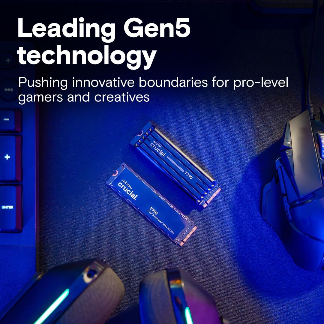 Crucial T710 PCIe Gen5 NVMe 2TB SSD, Up to 14,900 MB/s, Laptop & Desktop Compatible (PC), for Creatives and Hardcore Gamers, Solid State Drive, Includes 1Mo Adobe CC – CT2000T710SSD8-01