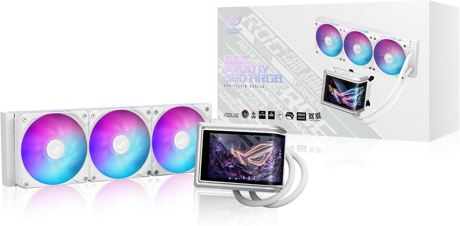 ASUS ROG RYUO IV 360 ARGB White with Curved 6.67-inch AMOLED Display That Supports 3D-Effect Video or Customizable System Stats, Plus Asetek Emma Gen8 V2 Pump and pre-Mounted Daisy-Chained ARGB Fans
