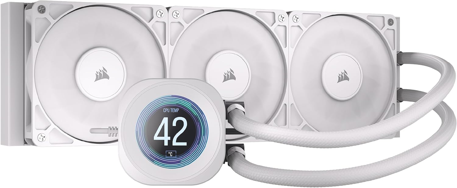 CORSAIR Nautilus 360 RS LCD Liquid CPU Cooler – 2.1" IPS LCD Screen, 360mm AIO, Low-Noise, Daisy-Chain, Intel LGA 1851/1700, AMD AM5/AM4 – 3X RS120 Fans Included – White