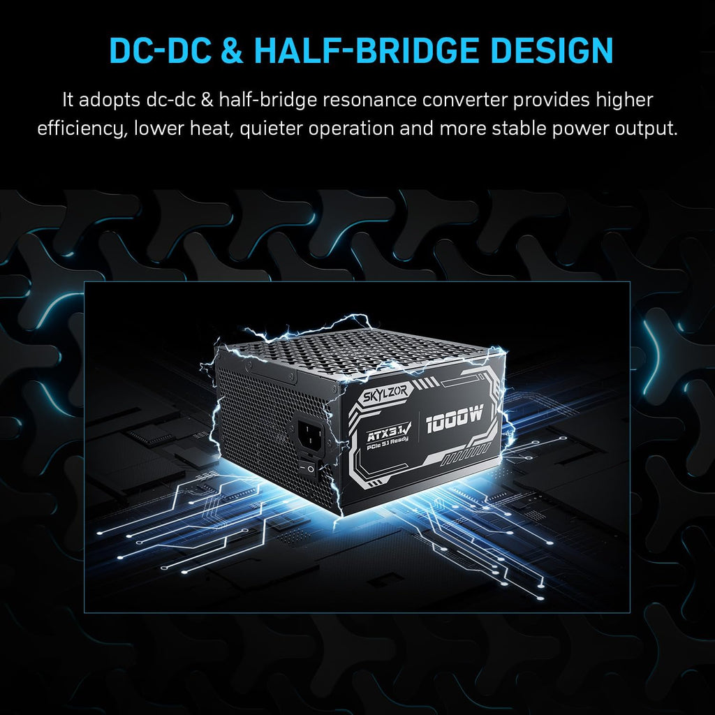 1000W Fully Modular Power Supply, 80+ Gold Certified PSU | ATX 3.1 & PCIe 5.1 Ready | 12V-2x6 Connector | 140mm Low-Noise Fan | 105℃ Japanese Capacitors | Black