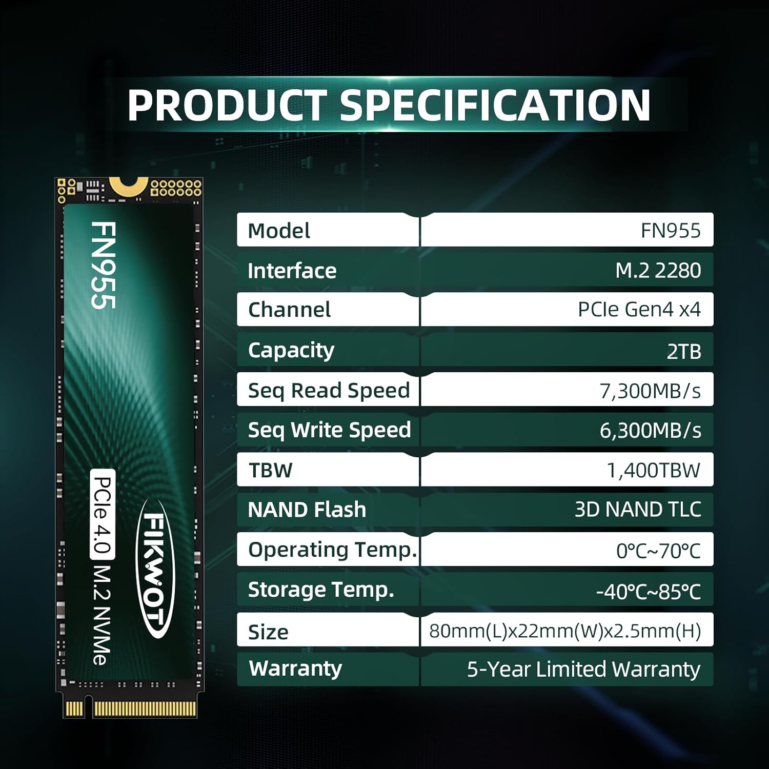 Fikwot FN955 2TB NVMe SSD M.2 2280 PCIe Gen4x4, Up to 7300MB/s, 3D NAND TLC Flash Internal Solid State Drive, Configure SLC Cache, Storage and Memory Expansion for PS5 Laptop Desktop