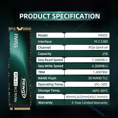 Fikwot FN955 2TB NVMe SSD M.2 2280 PCIe Gen4x4, Up to 7300MB/s, 3D NAND TLC Flash Internal Solid State Drive, Configure SLC Cache, Storage and Memory Expansion for PS5 Laptop Desktop