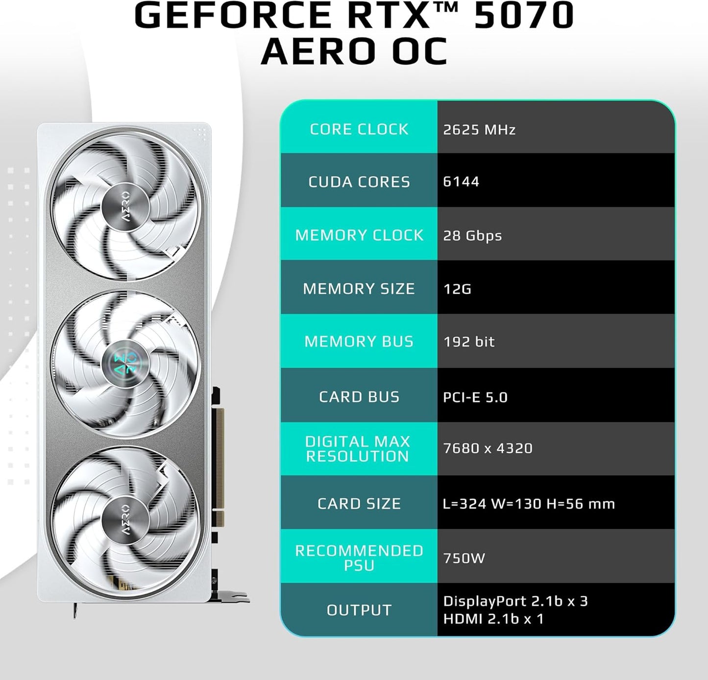 GIGABYTE GeForce RTX 5070 AERO OC 12G Graphics Card, 12GB 192-bit GDDR7, PCIe 5.0, WINDFORCE Cooling System, GV-N5070AERO OC-12GD Video Card, Compatible with Desktop