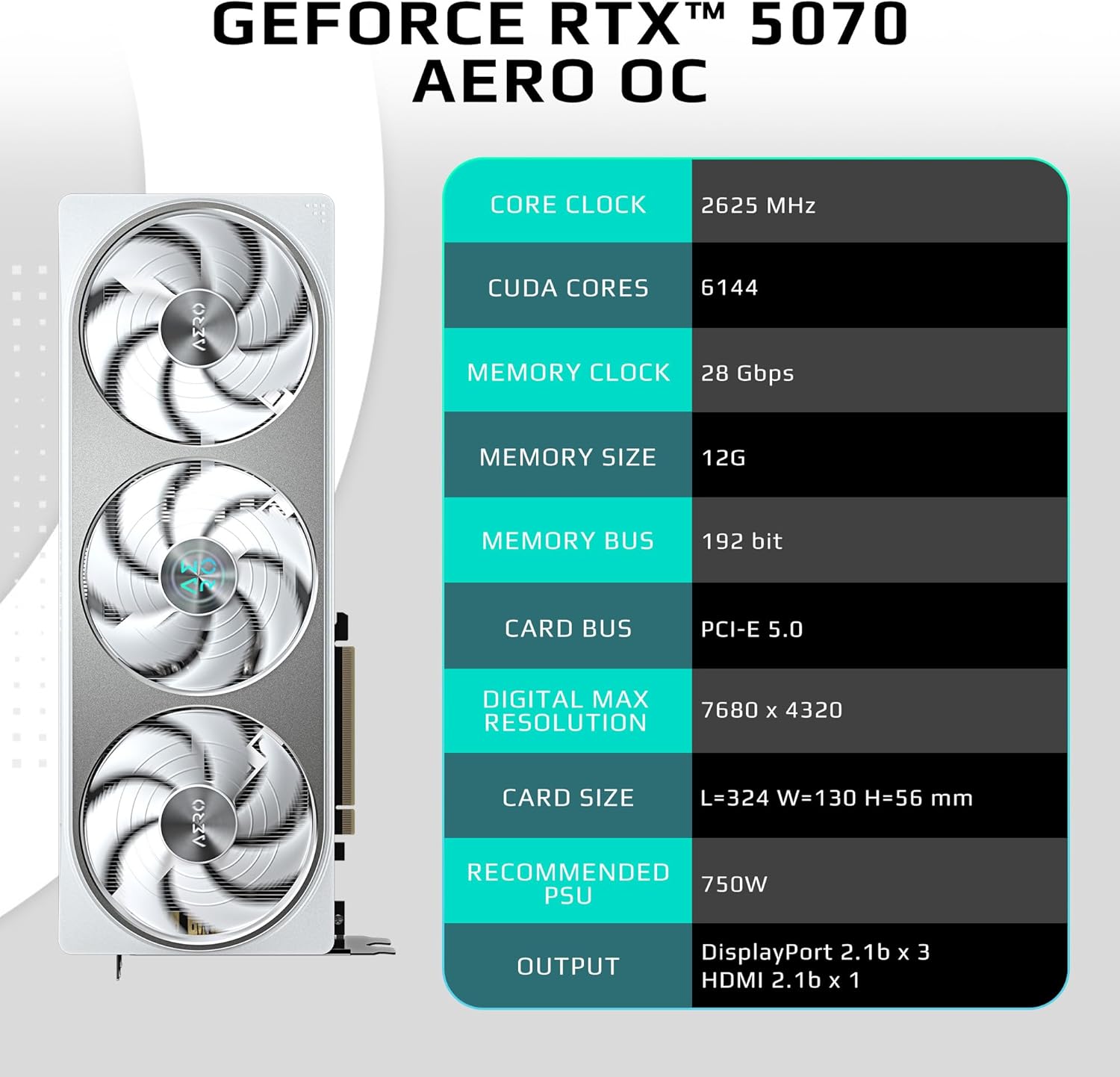 GIGABYTE GeForce RTX 5070 AERO OC 12G Graphics Card, 12GB 192-bit GDDR7, PCIe 5.0, WINDFORCE Cooling System, GV-N5070AERO OC-12GD Video Card, Compatible with Desktop
