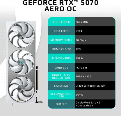 GIGABYTE GeForce RTX 5070 AERO OC 12G Graphics Card, 12GB 192-bit GDDR7, PCIe 5.0, WINDFORCE Cooling System, GV-N5070AERO OC-12GD Video Card, Compatible with Desktop