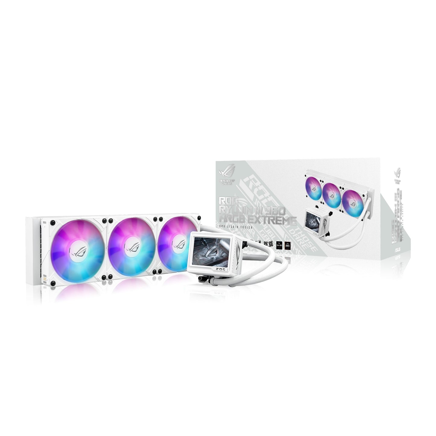 ASUS ROG Ryujin III 240 ARGB WHT All-in-one Liquid CPU Cooler with 240mm Radiator. Asetek 8th gen Pump, 2X Magnetic 120mm ARGB Fans (Daisy Chain Design), 3.5” LCD Display.,White