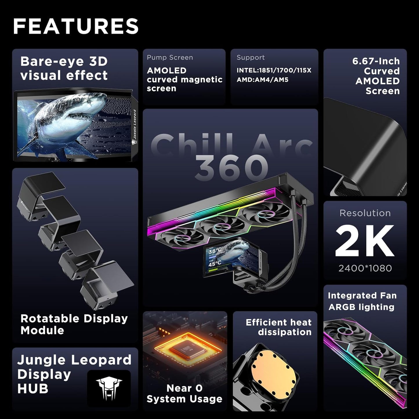 Chill ARC 360mm AIO CPU Cooler with 6.67" 2K AMOLED Curved Rotatable Screen & 3D Anamorphic Effect | 320W TDP | ARGB Fans | Intel LGA1851/1700/115X | AMD AM4/AM5 | Black