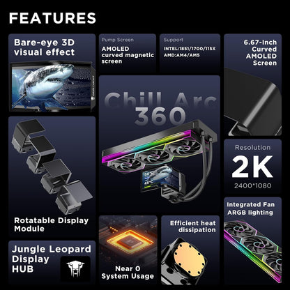 Chill ARC 360mm AIO CPU Cooler with 6.67" 2K AMOLED Curved Rotatable Screen & 3D Anamorphic Effect | 320W TDP | ARGB Fans | Intel LGA1851/1700/115X | AMD AM4/AM5 | Black