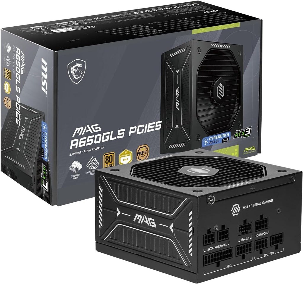 MSI MAG A650GLS PCIE5, Fully Modular Compact Gaming 650W Power Supply, 80+ Gold, ATX 3.1 & PCIe 5.1 Ready, Native Dual-Color 12V-2x6 Cable, Low-Noise, Embossed Jacket Cables, 10 Year Warranty