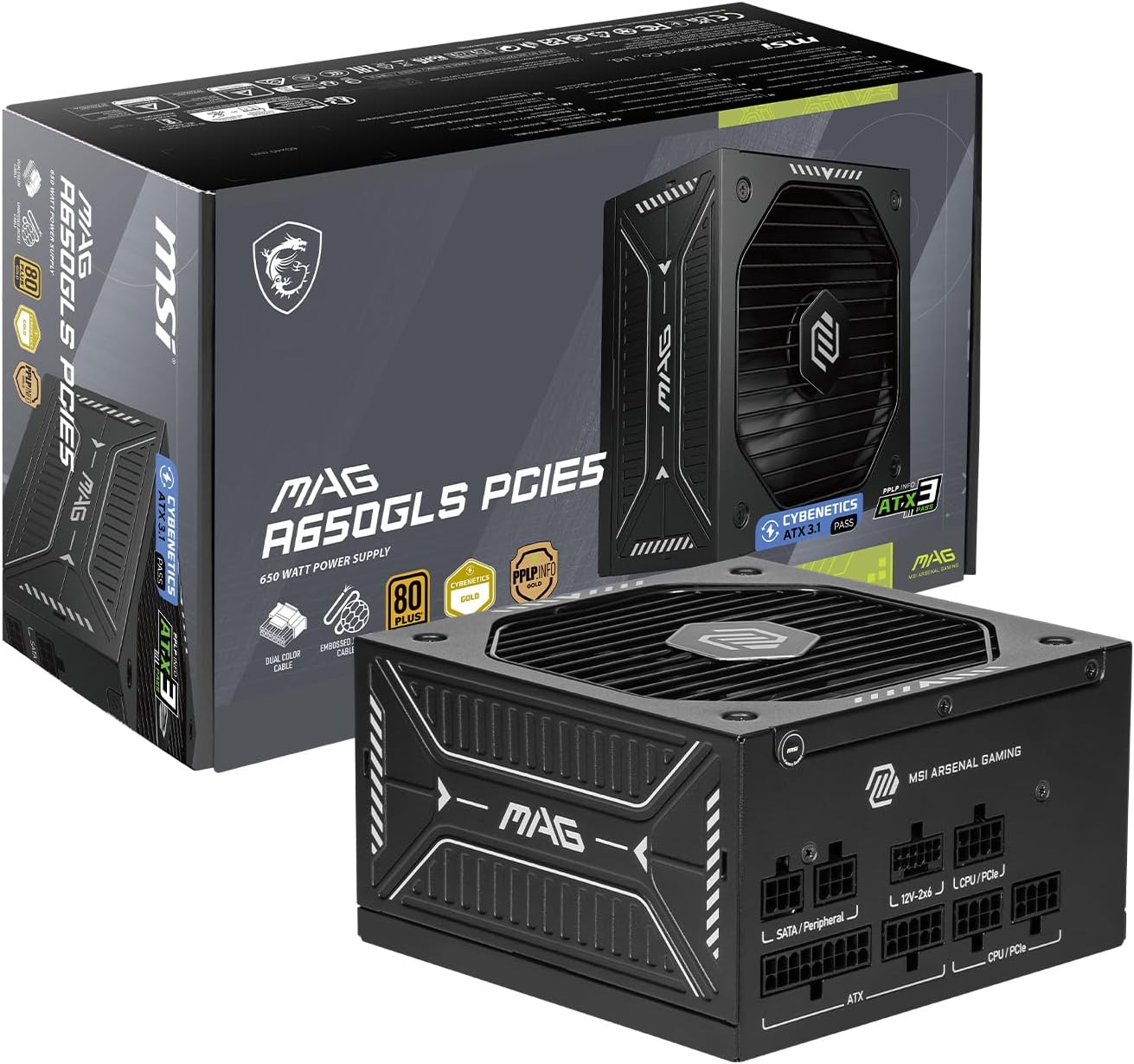 MSI MAG A650GLS PCIE5, Fully Modular Compact Gaming 650W Power Supply, 80+ Gold, ATX 3.1 & PCIe 5.1 Ready, Native Dual-Color 12V-2x6 Cable, Low-Noise, Embossed Jacket Cables, 10 Year Warranty