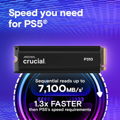 Crucial P310 2280 1TB PCIe Gen4 NVMe Gaming PS5 SSD with Heatsink, Up to 7,100MB/s, PlayStation5, Laptop & Desktop (PC) Compatible, Solid State Drive - CT1000P310SSD5-01