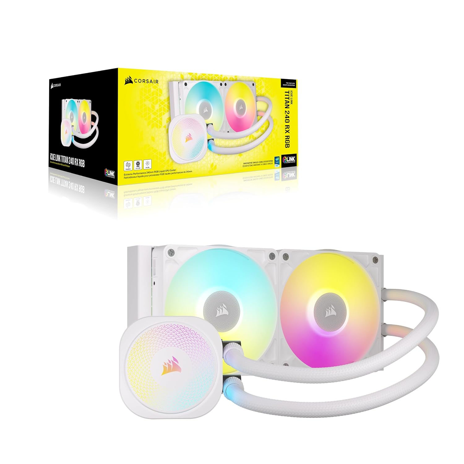 CORSAIR iCUE Link Titan 240 RX RGB Liquid CPU Cooler – 240mm AIO – Low-Noise – FlowDrive Cooling Engine – Intel LGA 1851/1700, AMD AM5/AM4 – 2X RX120 RGB Fans – iCUE Link System Hub Included – White