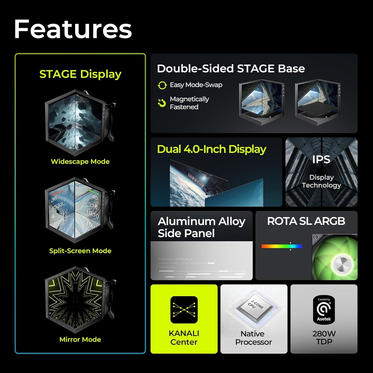 TRYX STAGE 360 ARGB 360mm AIO 4.0'' IPS Dual-Screen Customizable AIO Cooler 360mm LCD Display 254PPI 60Hz with Asetek 7th Gen V2 280w TDP ROTA SL ARGB Fan for Intel LGA 1851/1700/1200/115X AMD AM5/AM4