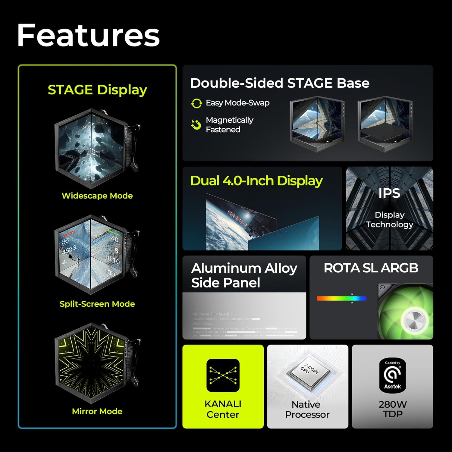 TRYX STAGE 360 ARGB 360mm AIO 4.0'' IPS Dual-Screen Customizable AIO Cooler 360mm LCD Display 254PPI 60Hz with Asetek 7th Gen V2 280w TDP ROTA SL ARGB Fan for Intel LGA 1851/1700/1200/115X AMD AM5/AM4