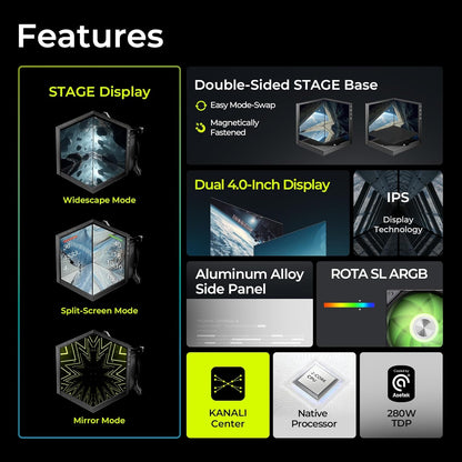TRYX STAGE 360 ARGB 360mm AIO 4.0'' IPS Dual-Screen Customizable AIO Cooler 360mm LCD Display 254PPI 60Hz with Asetek 7th Gen V2 280w TDP ROTA SL ARGB Fan for Intel LGA 1851/1700/1200/115X AMD AM5/AM4