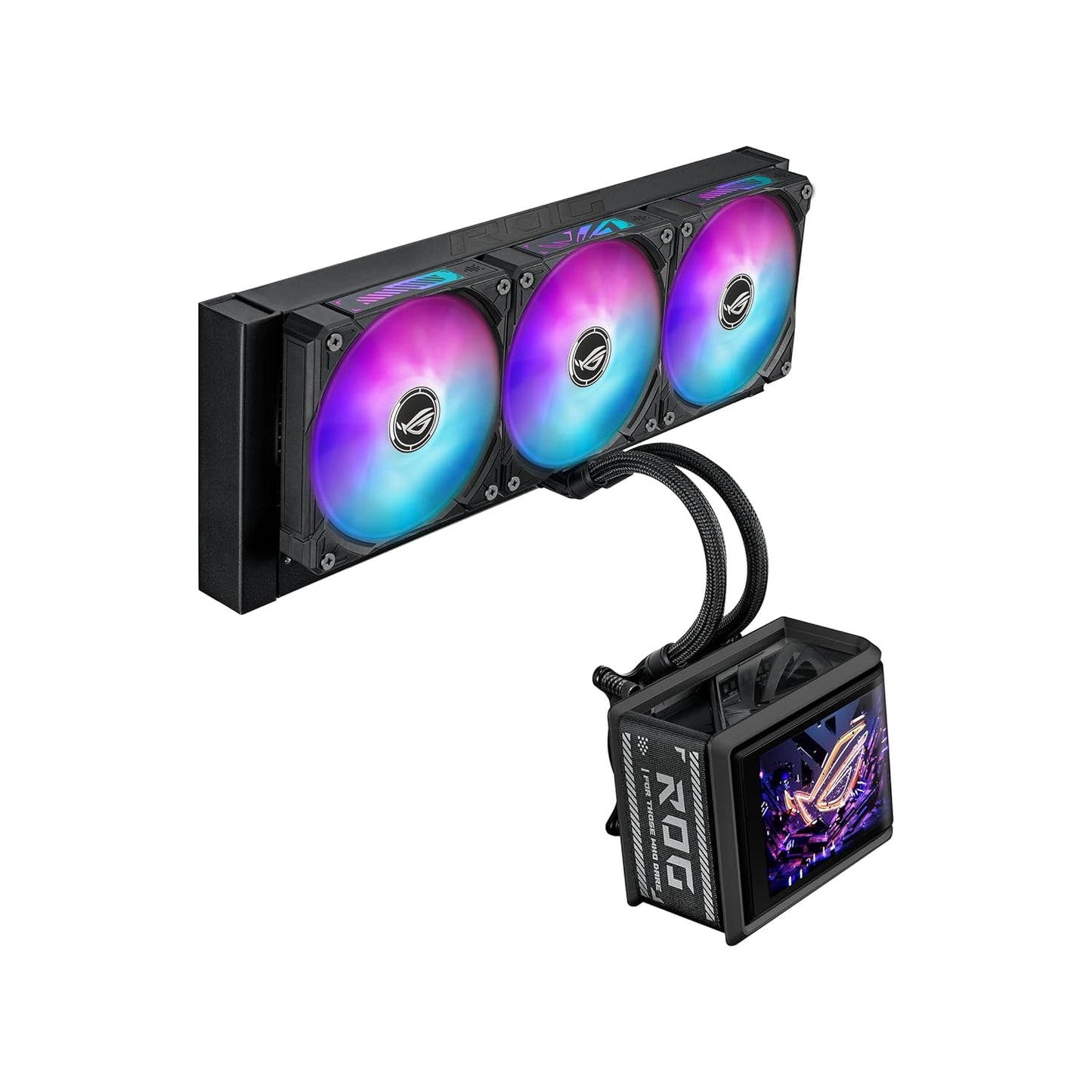 ASUS ROG RYUO IV SLC 360 ARGB All-in-one CPU Liquid Cooler with Shortened tubing maximizes a Clean Aesthetic, Curved 6.67-inch AMOLED Display Supports 3D-Effect Video or Customized System Information