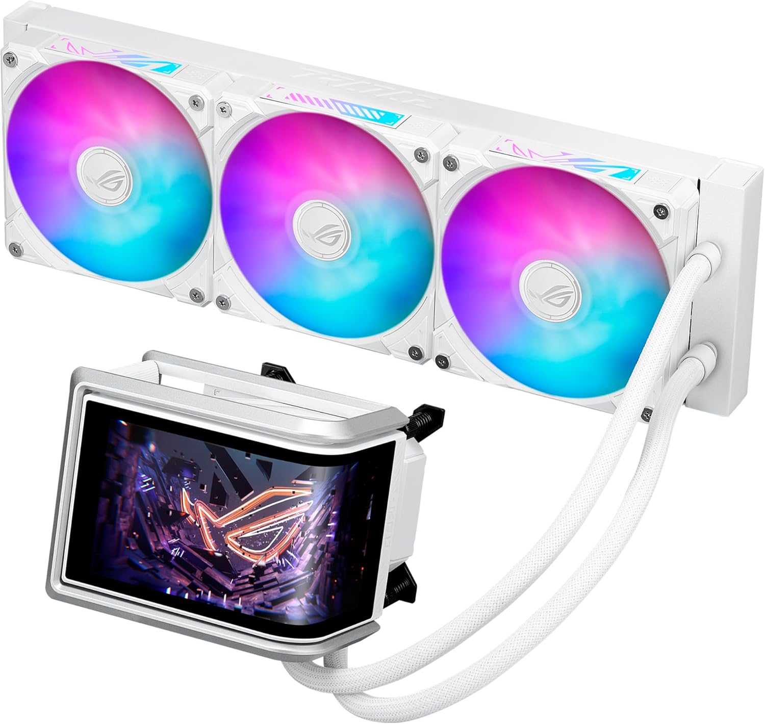 ASUS ROG RYUO IV 360 ARGB White with Curved 6.67-inch AMOLED Display That Supports 3D-Effect Video or Customizable System Stats, Plus Asetek Emma Gen8 V2 Pump and pre-Mounted Daisy-Chained ARGB Fans