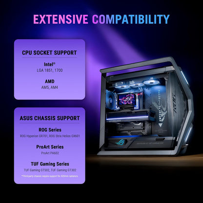 ASUS ROG RYUO IV SLC 360 ARGB All-in-one CPU Liquid Cooler with Shortened tubing maximizes a Clean Aesthetic, Curved 6.67-inch AMOLED Display Supports 3D-Effect Video or Customized System Information