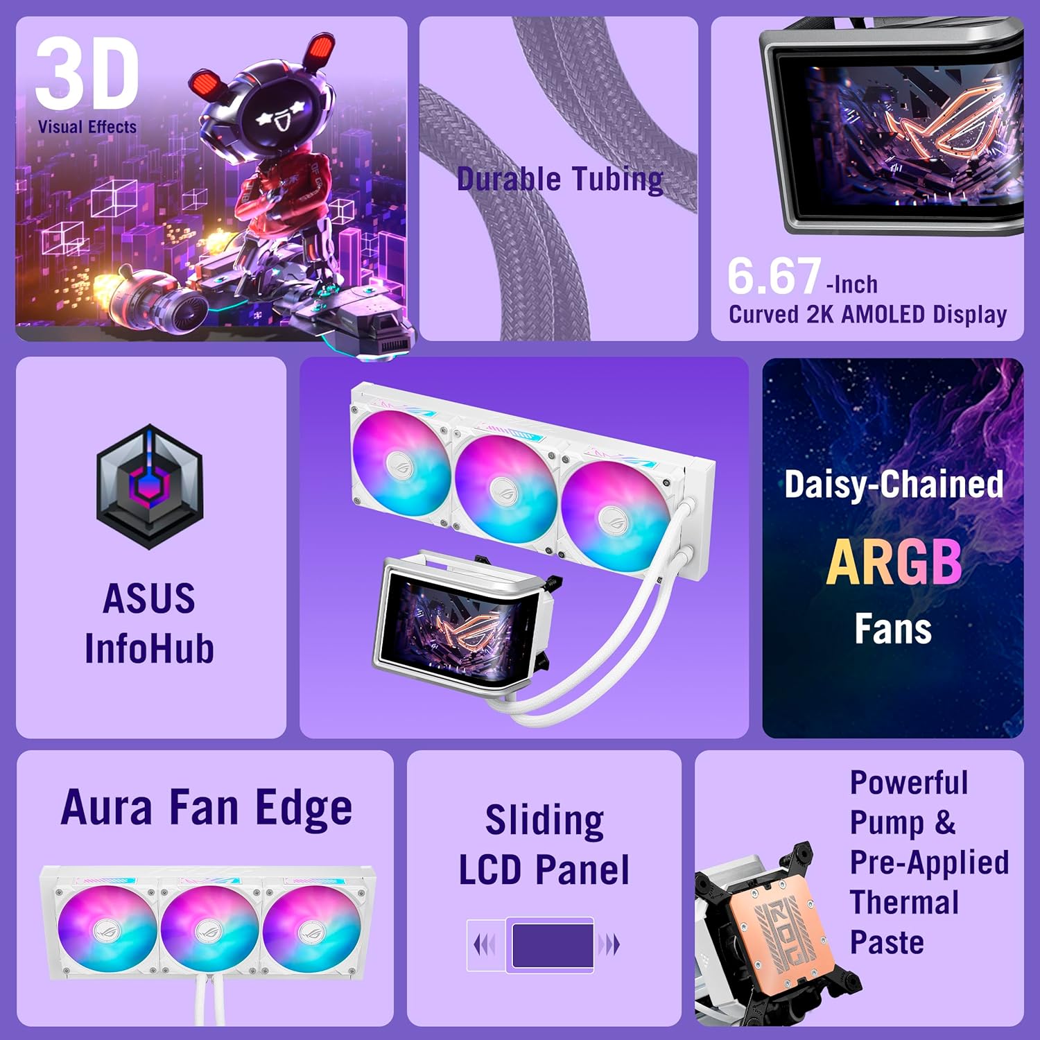 ASUS ROG RYUO IV 360 ARGB White with Curved 6.67-inch AMOLED Display That Supports 3D-Effect Video or Customizable System Stats, Plus Asetek Emma Gen8 V2 Pump and pre-Mounted Daisy-Chained ARGB Fans