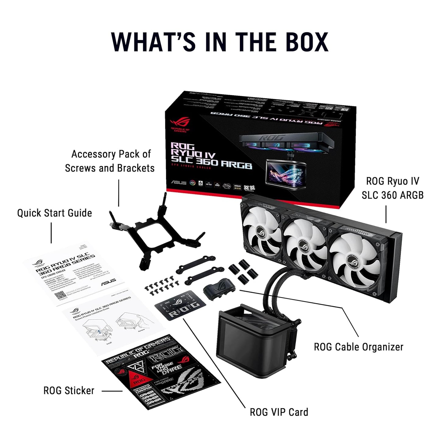 ASUS ROG RYUO IV SLC 360 ARGB All-in-one CPU Liquid Cooler with Shortened tubing maximizes a Clean Aesthetic, Curved 6.67-inch AMOLED Display Supports 3D-Effect Video or Customized System Information