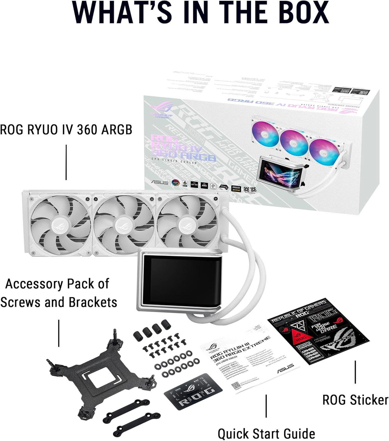ASUS ROG RYUO IV 360 ARGB White with Curved 6.67-inch AMOLED Display That Supports 3D-Effect Video or Customizable System Stats, Plus Asetek Emma Gen8 V2 Pump and pre-Mounted Daisy-Chained ARGB Fans
