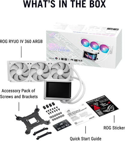 ASUS ROG RYUO IV 360 ARGB White with Curved 6.67-inch AMOLED Display That Supports 3D-Effect Video or Customizable System Stats, Plus Asetek Emma Gen8 V2 Pump and pre-Mounted Daisy-Chained ARGB Fans