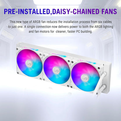 ASUS ROG RYUO IV 360 ARGB White with Curved 6.67-inch AMOLED Display That Supports 3D-Effect Video or Customizable System Stats, Plus Asetek Emma Gen8 V2 Pump and pre-Mounted Daisy-Chained ARGB Fans