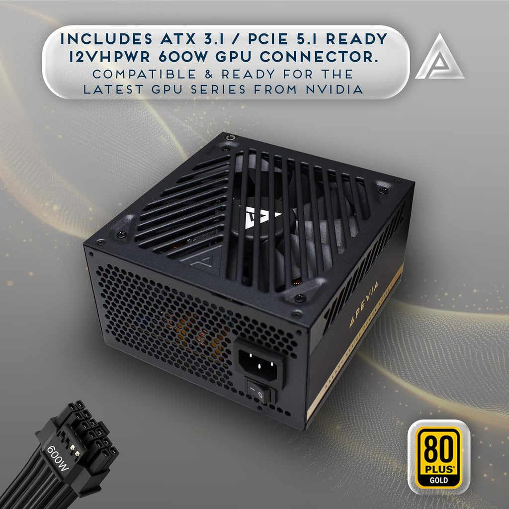 Apevia Galaxy 1000W 80+ Gold ATX 3.1 Fully Modular Gaming PSU, PCIe 5.1 600W 12VHPWR, Japanese Caps, Silent 135mm FDB Fan, High-Wattage Power Supply for RTX 5070/5080/5090/40 Series & Dual GPU Builds