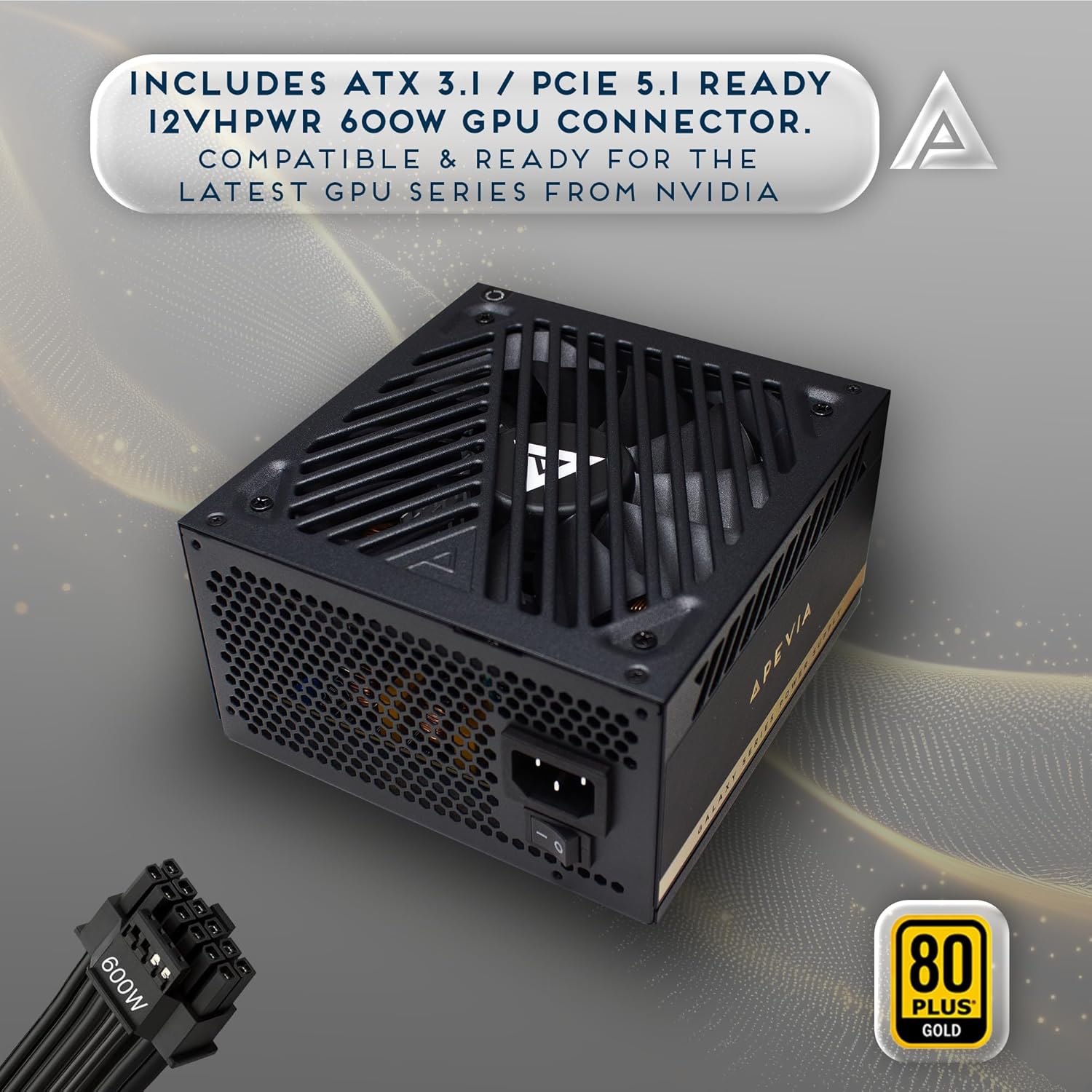 Apevia Galaxy 1000W 80+ Gold ATX 3.1 Fully Modular Gaming PSU, PCIe 5.1 600W 12VHPWR, Japanese Caps, Silent 135mm FDB Fan, High-Wattage Power Supply for RTX 5070/5080/5090/40 Series & Dual GPU Builds