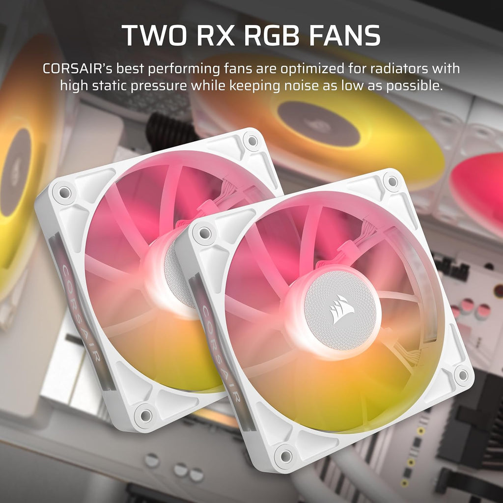 CORSAIR iCUE Link Titan 240 RX RGB Liquid CPU Cooler – 240mm AIO – Low-Noise – FlowDrive Cooling Engine – Intel LGA 1851/1700, AMD AM5/AM4 – 2X RX120 RGB Fans – iCUE Link System Hub Included – White