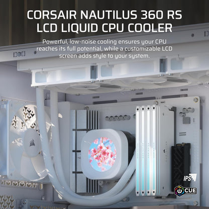 CORSAIR Nautilus 360 RS LCD Liquid CPU Cooler – 2.1" IPS LCD Screen, 360mm AIO, Low-Noise, Daisy-Chain, Intel LGA 1851/1700, AMD AM5/AM4 – 3X RS120 Fans Included – White