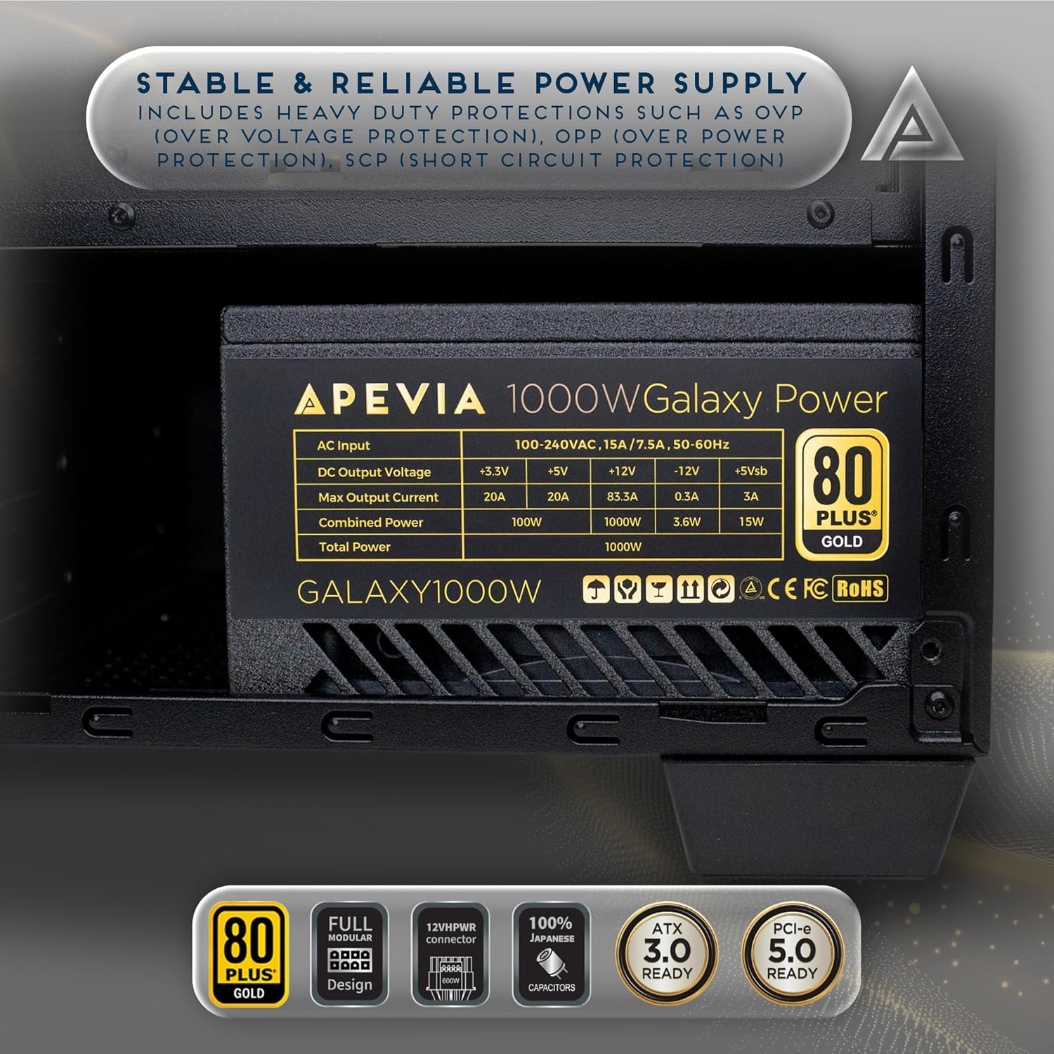 Apevia Galaxy 1000W 80+ Gold ATX 3.1 Fully Modular Gaming PSU, PCIe 5.1 600W 12VHPWR, Japanese Caps, Silent 135mm FDB Fan, High-Wattage Power Supply for RTX 5070/5080/5090/40 Series & Dual GPU Builds