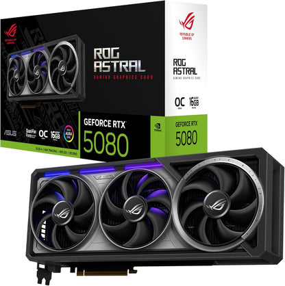 ASUS ROG Astral GeForce RTX™ 5080 OC Edition Graphics Card, NVIDIA (PCIe® 5.0, 16GB GDDR7, HDMI®/DP 2.1, 3.8-Slot, 4-Fan Design, Axial-tech Fans, Patented Vapor Chamber, Phase-Change GPU Thermal Pad)