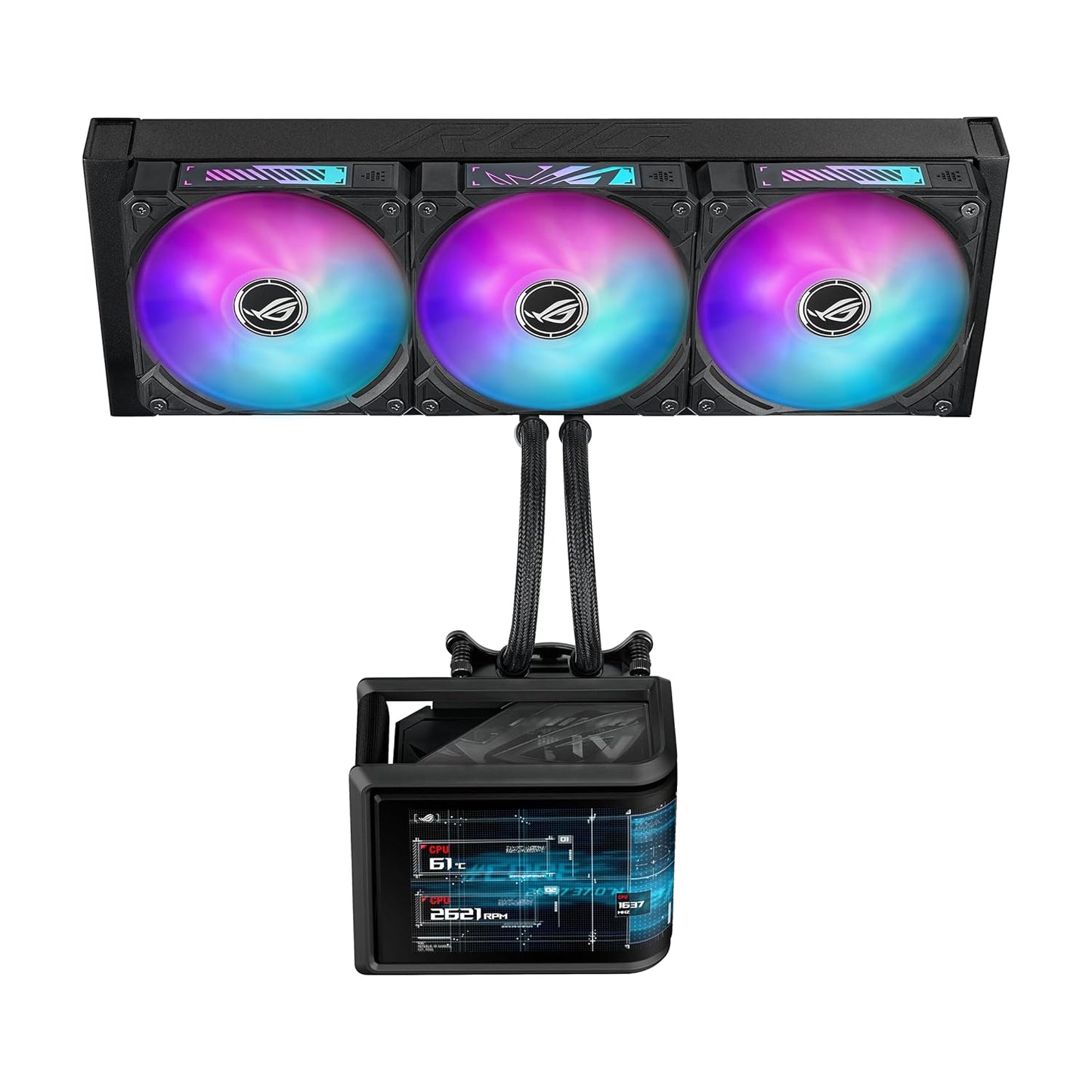 ASUS ROG RYUO IV SLC 360 ARGB All-in-one CPU Liquid Cooler with Shortened tubing maximizes a Clean Aesthetic, Curved 6.67-inch AMOLED Display Supports 3D-Effect Video or Customized System Information