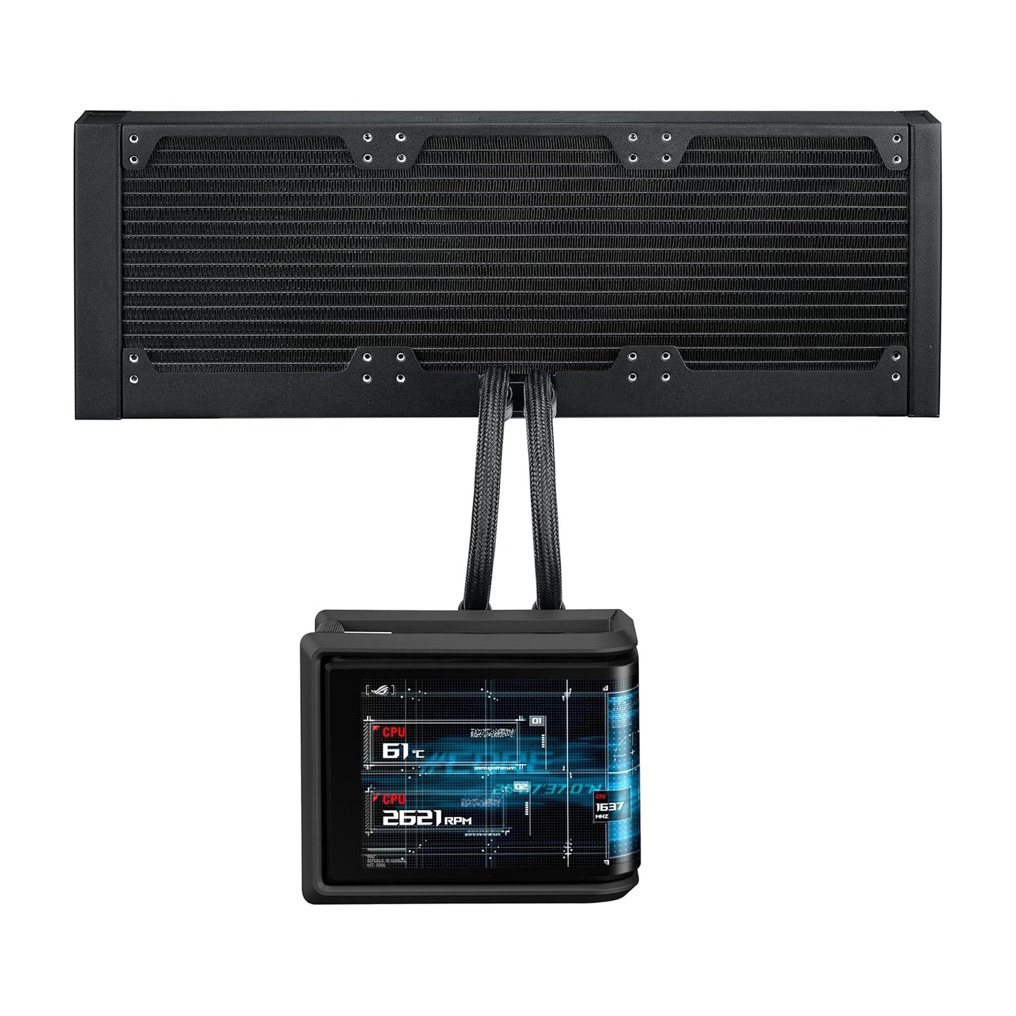 ASUS ROG RYUO IV SLC 360 ARGB All-in-one CPU Liquid Cooler with Shortened tubing maximizes a Clean Aesthetic, Curved 6.67-inch AMOLED Display Supports 3D-Effect Video or Customized System Information